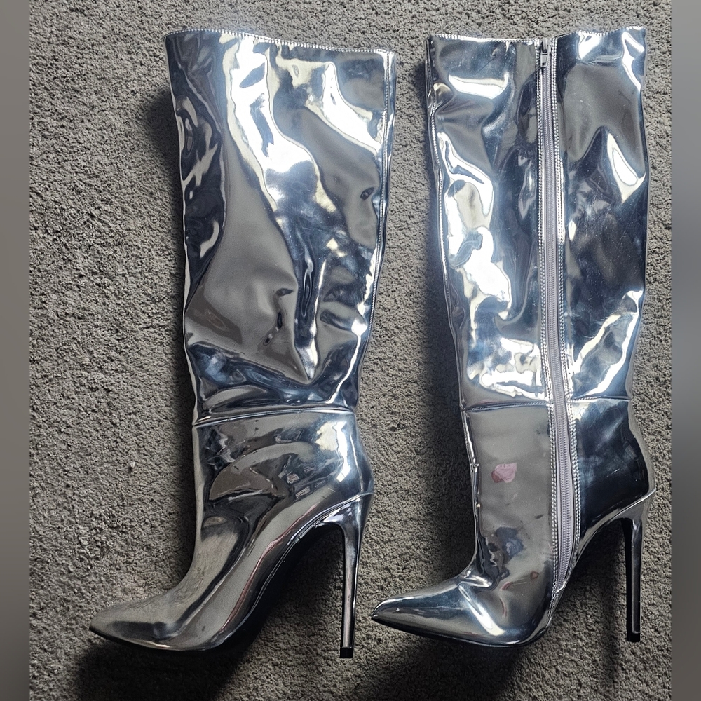 Just Fab Silver Mirrored Zuria Mirror Stilettos Boots Heels Shoes - New Women